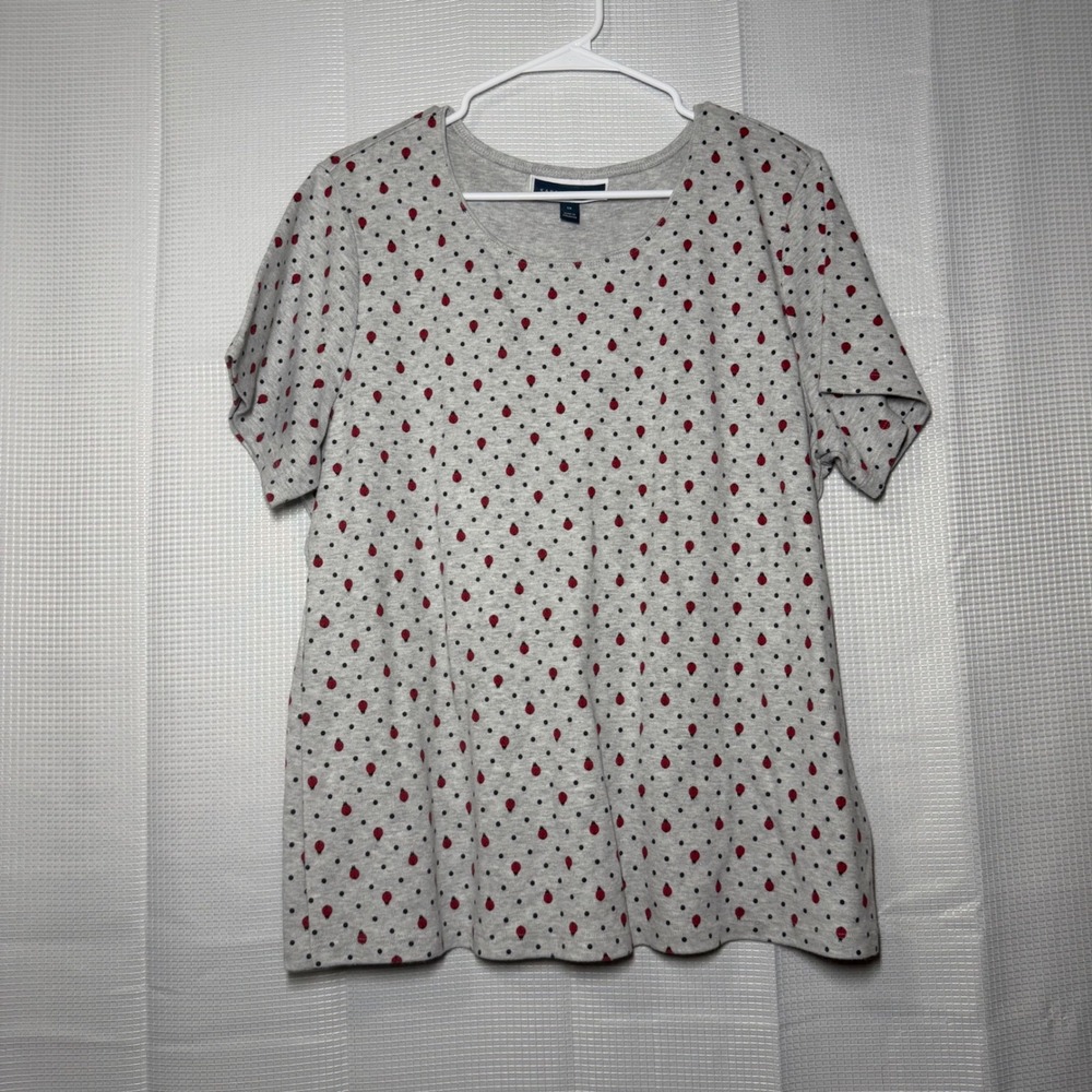 Karen Scott T-Shirt‎ 1X Gray Red Teardrop Polka Dot Print Scoop Neck Tee